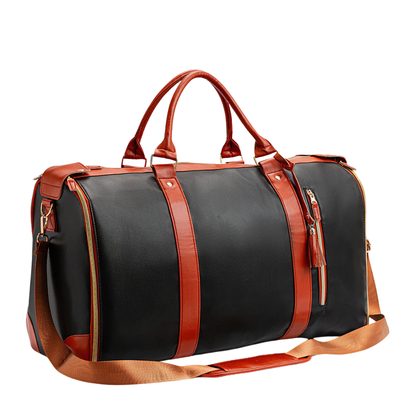 Sac de voyage en cuir noir et marron avec poignées robustes, bandoulière ajustable, fermetures éclair dorées. Élégant et pratique pour déplacements.