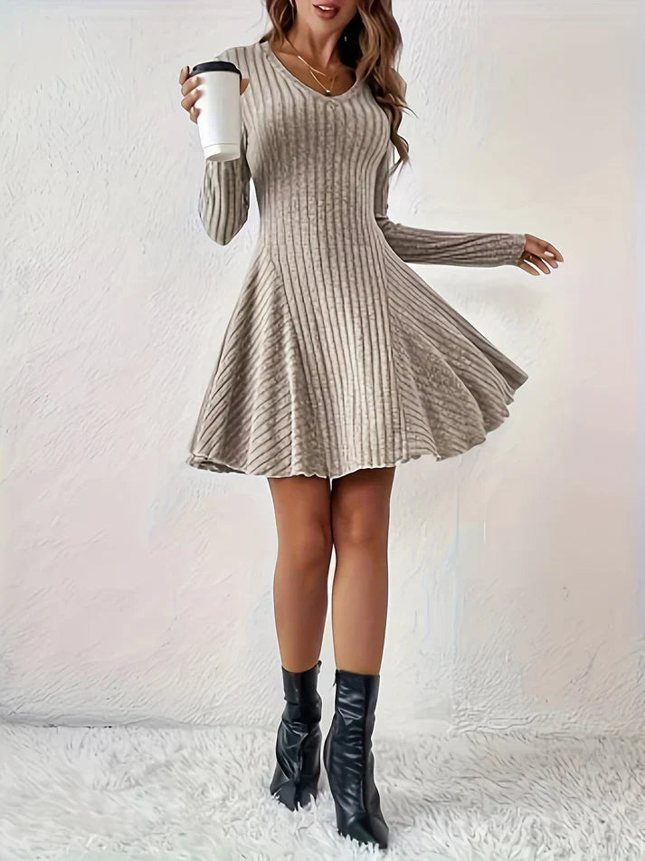 Élégante Robe Côtelée Décolleté en V Ligne A Manches Longues Élégante Pour Femme | Idéale Pour Toute Occasion