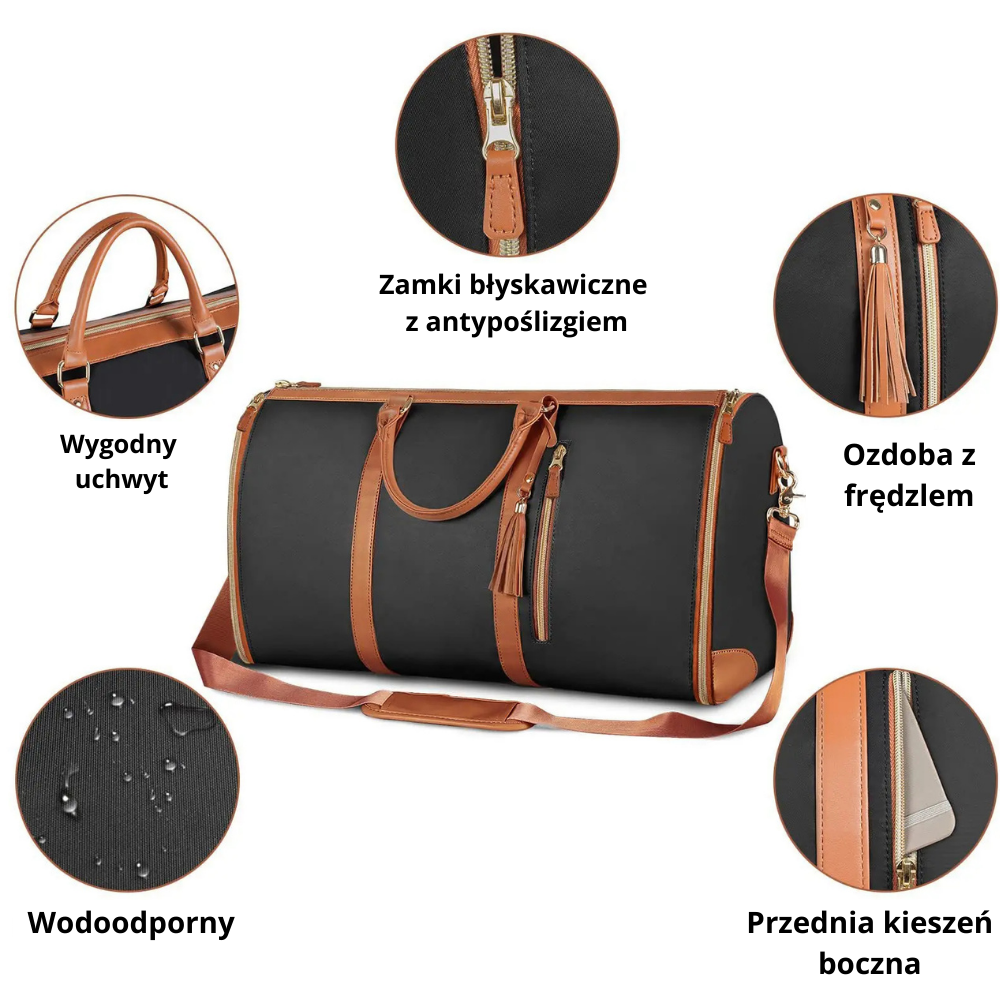 Sac de voyage noir avec garnitures en cuir marron, fermeture éclair antidérapante, frange décorative, poche avant, imperméable, poignée confortable.