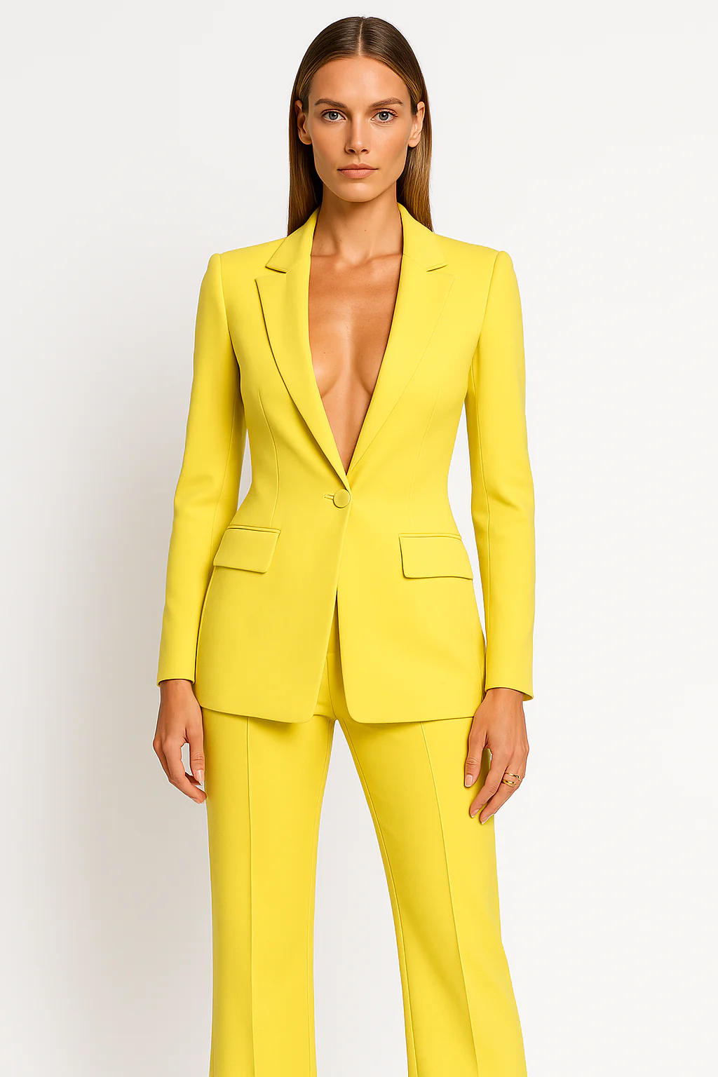 Femme portant un costume jaune vif, veste ajustée et pantalon assorti, sur fond blanc. Mode élégante, tendance, tenue professionnelle féminine.