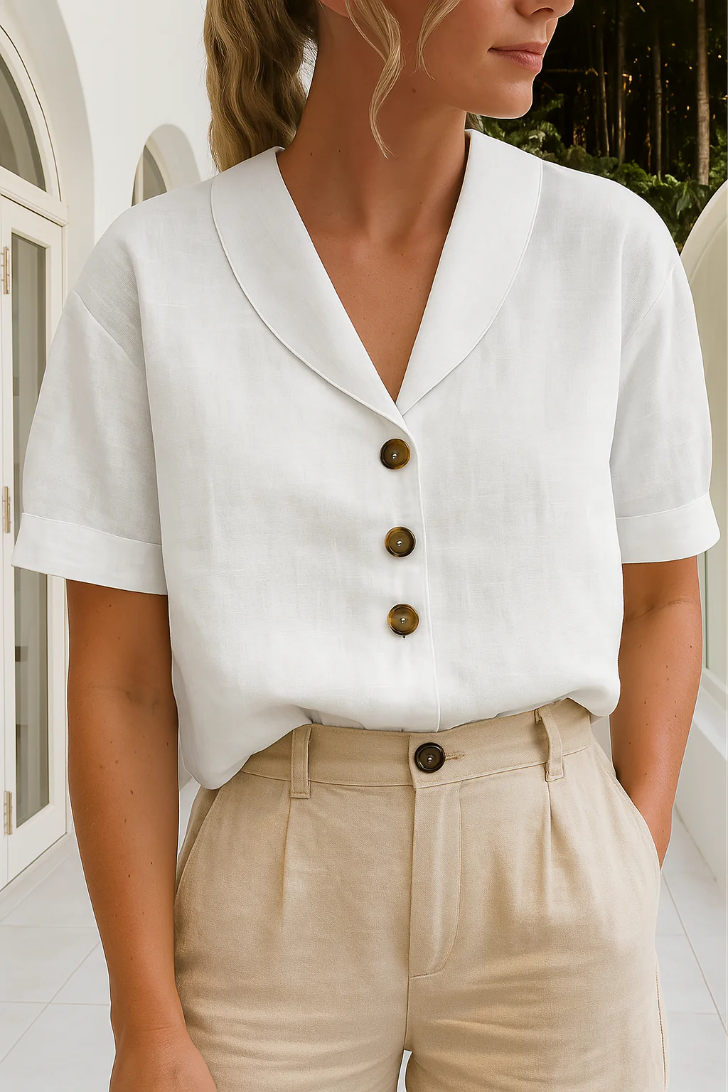 Femme portant une chemise blanche en lin avec col en V et boutons marron, associée à un pantalon beige, dans un cadre élégant et lumineux.