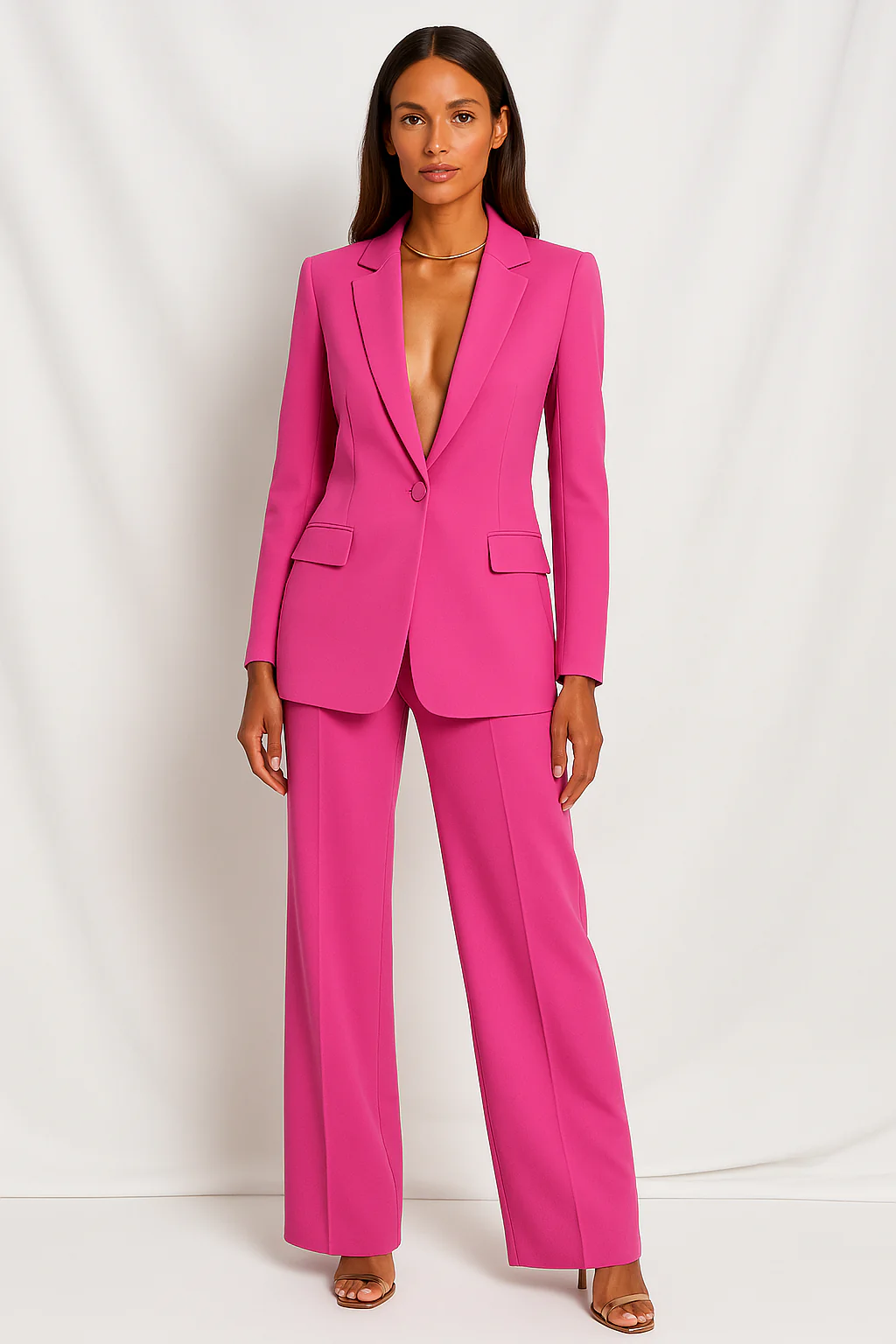 Femme portant un tailleur pantalon rose vif, veste ajustée, pantalon large, posant devant un fond blanc. Mode élégante, tendance, chic.