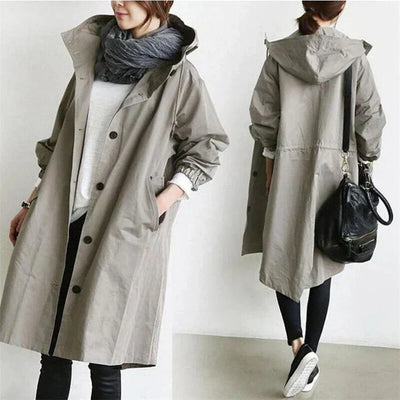 Trench-coat imperméable avec capuche pour femme - Long et chaud