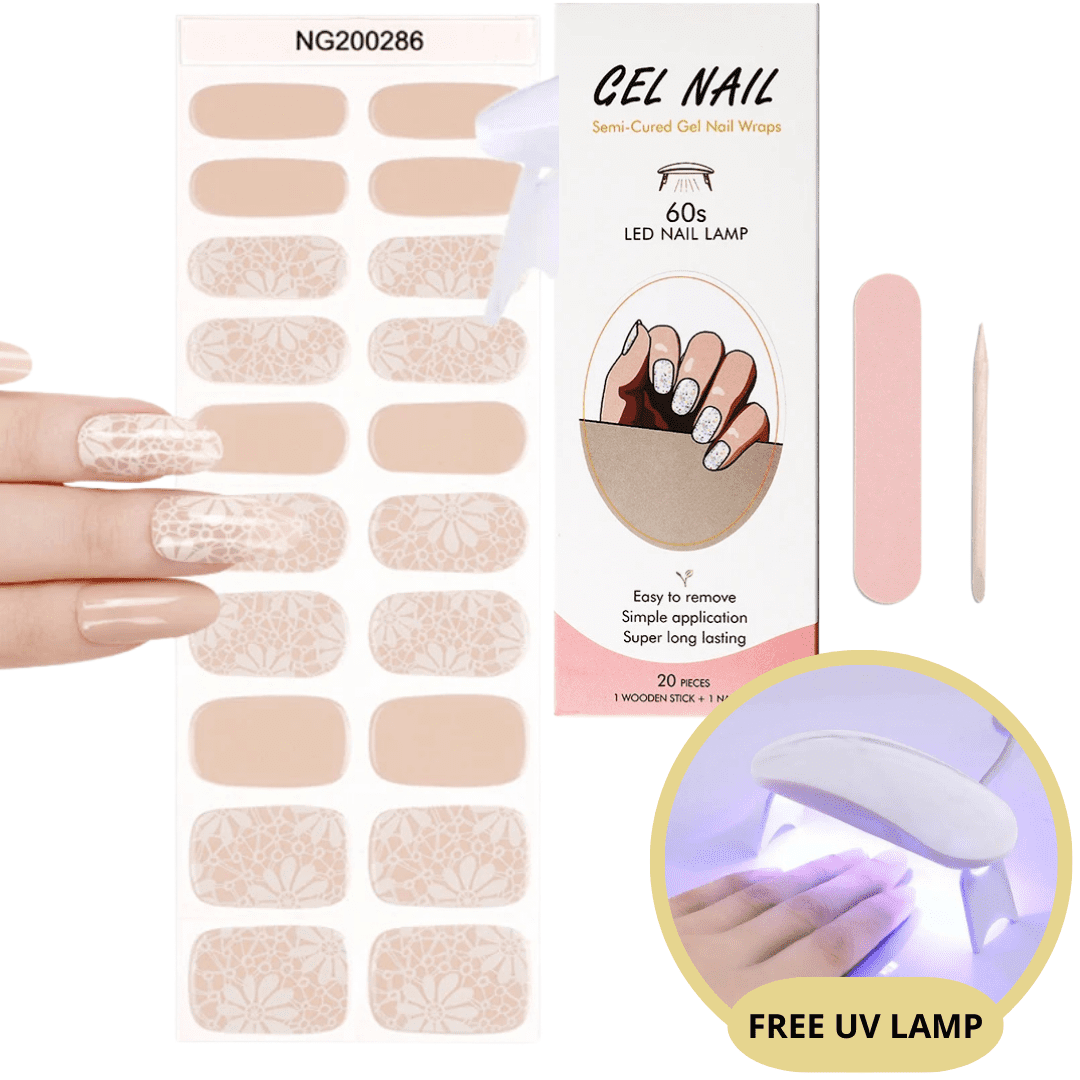 Autocollants ongles semi-polymérisés avec motifs floraux, boîte incluse. Kit manucure gel avec lime, bâtonnet et lampe UV gratuite.