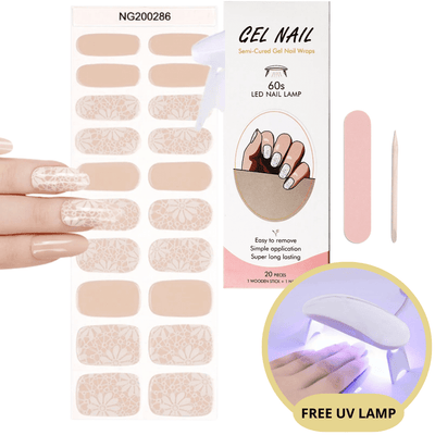 Autocollants ongles semi-polymérisés avec motifs floraux, boîte incluse. Kit manucure gel avec lime, bâtonnet et lampe UV gratuite.