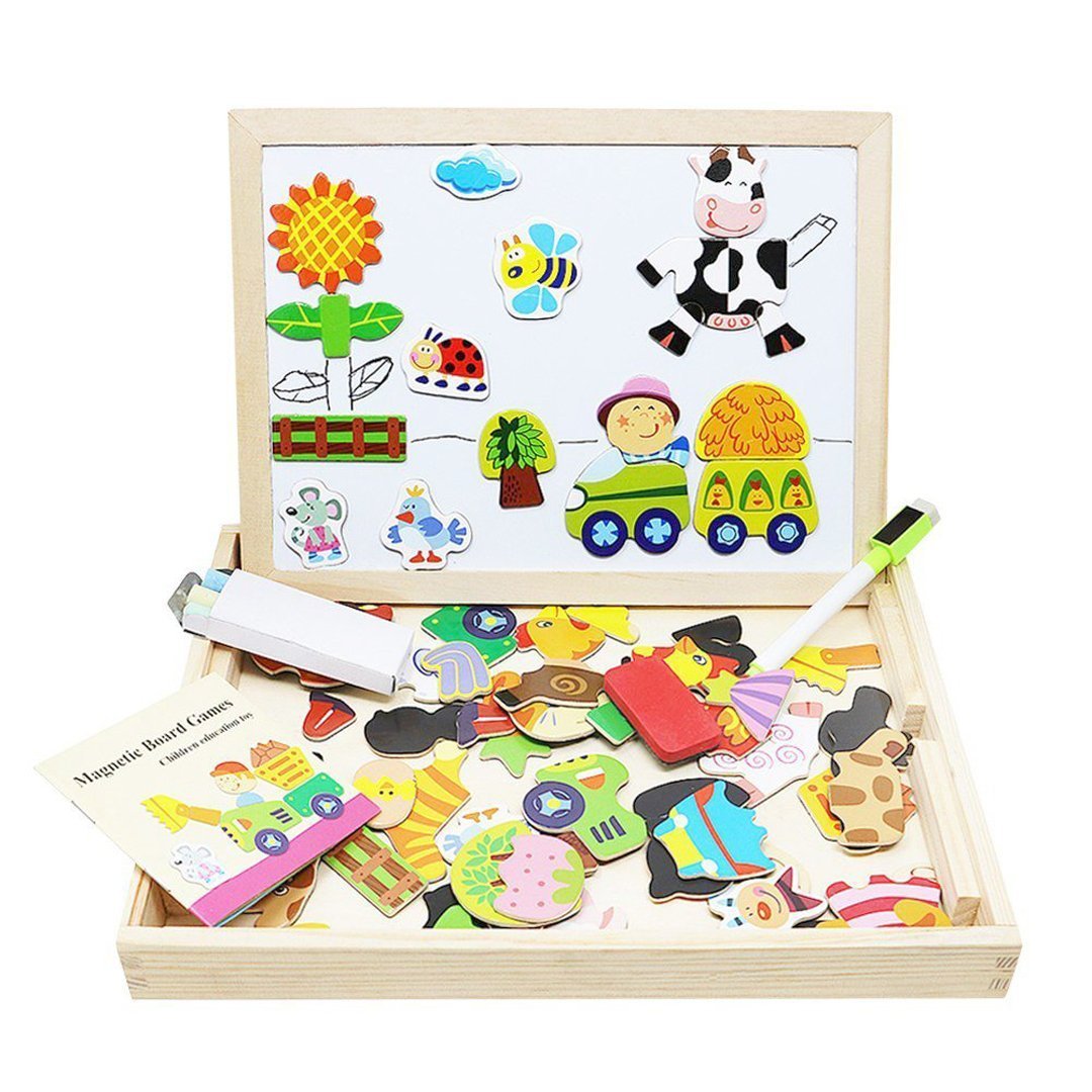 Tableau magnétique éducatif pour enfants avec pièces en bois colorées, animaux, train et accessoires de dessin. Jouet créatif et ludique.