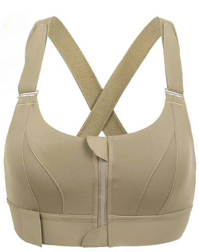 Soutien-gorge beige à fermeture éclair frontale, bretelles croisées, design sans couture, maintien optimal, idéal pour sport et confort quotidien.