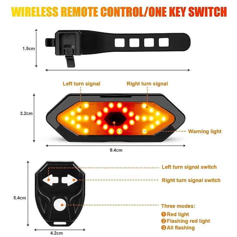 Feu arrière de vélo sans fil avec télécommande, clignotants gauche/droite, lumière d'avertissement, trois modes: rouge, clignotant rouge, tous clignotants.