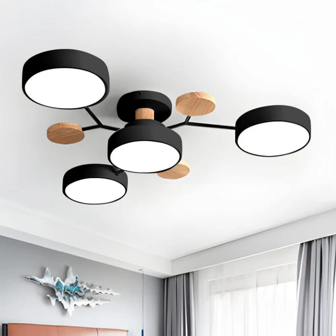 Plafonnier moderne noir et bois à LED, design minimaliste, éclairage intérieur, salon contemporain, décoration plafond élégante.