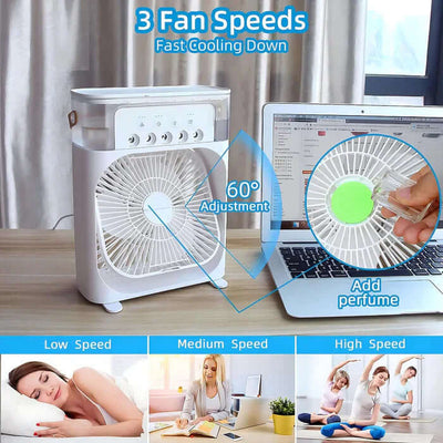 Ventilateur portable blanc avec trois vitesses, réglage à 60°, fonction parfum, posé sur un bureau près d'un ordinateur portable.