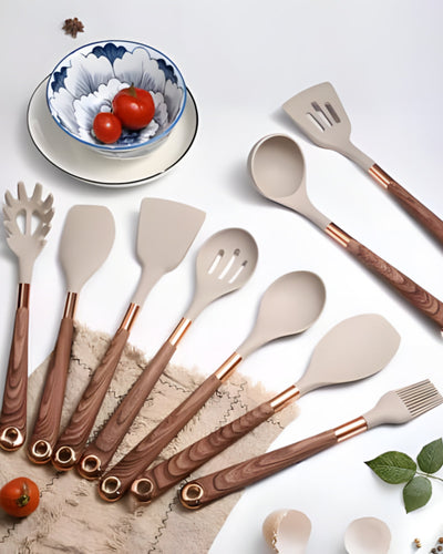 Set d'ustensiles de cuisine - Cuivra - Outils de cuisine antiadhésifs - Poignée en bois