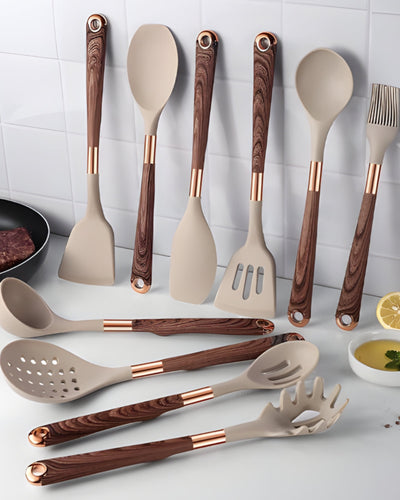 Set d'ustensiles de cuisine - Cuivra - Outils de cuisine antiadhésifs - Poignée en bois