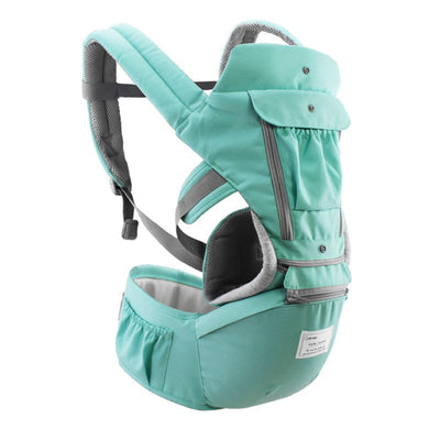 Porte-bébé ergonomique turquoise, design moderne, bretelles rembourrées, poches latérales, idéal pour confort et sécurité des parents et bébés.