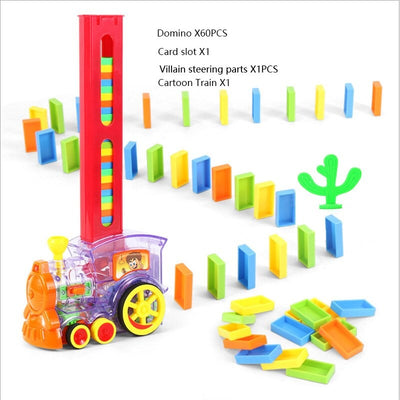 Train jouet en plastique transparent avec dominos colorés, cactus vert et pièces de direction. Jeu éducatif pour enfants, développement créatif.