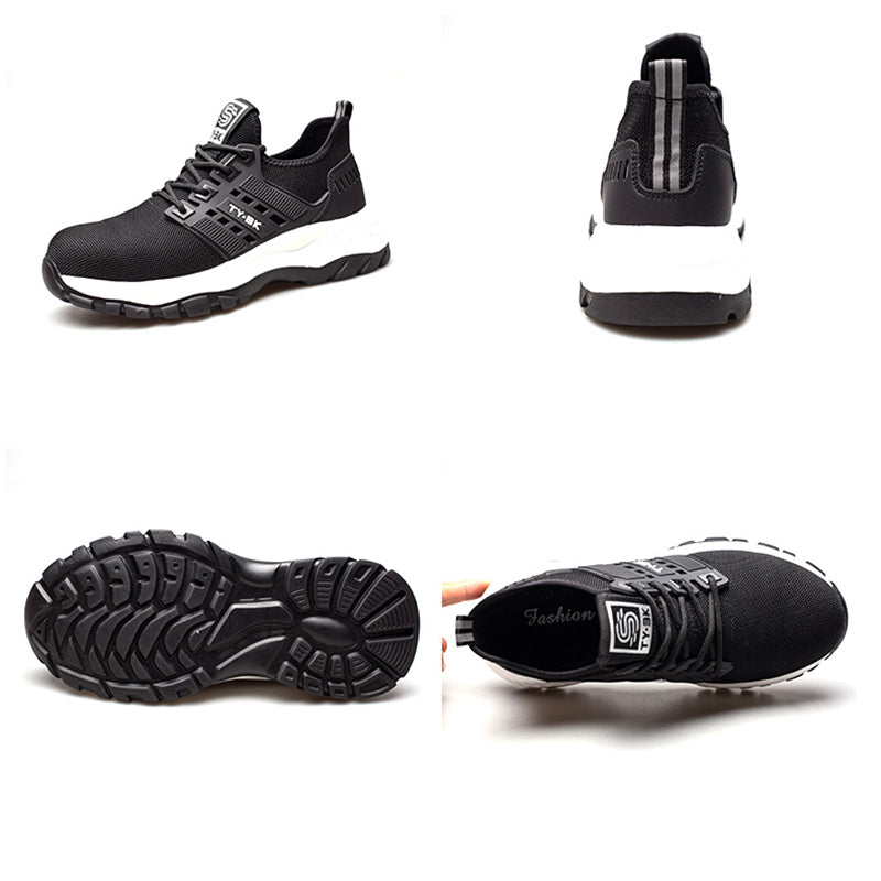 Chaussures de sécurité noires pour hommes, semelle antidérapante, embout renforcé, design moderne, confort optimal, vue multiple.