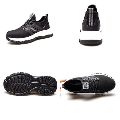 Chaussures de sécurité noires pour hommes, semelle antidérapante, embout renforcé, design moderne, confort optimal, vue multiple.