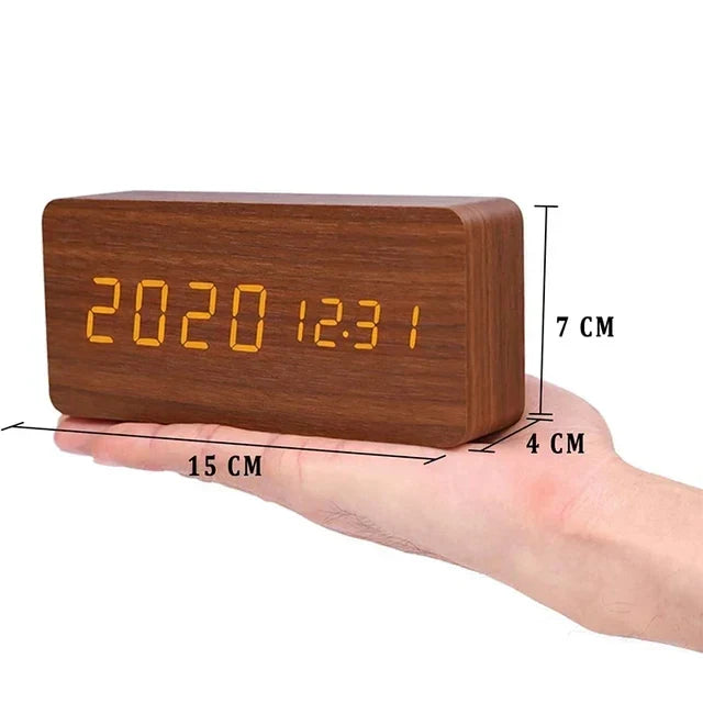 Réveil numérique en bois - Affichage LED, commande vocale, luminosité réglable
