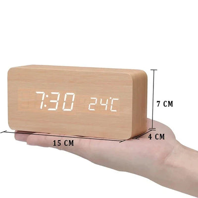 Réveil numérique en bois - Affichage LED, commande vocale, luminosité réglable