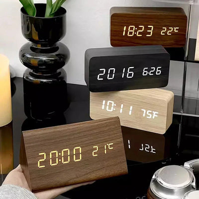 Réveil numérique en bois - Affichage LED, commande vocale, luminosité réglable