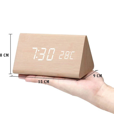 Réveil numérique en bois - Affichage LED, commande vocale, luminosité réglable