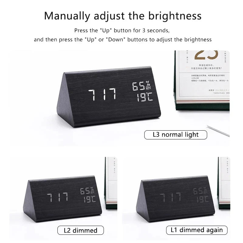 Réveil numérique en bois - Affichage LED, commande vocale, luminosité réglable