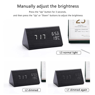 Réveil numérique en bois - Affichage LED, commande vocale, luminosité réglable