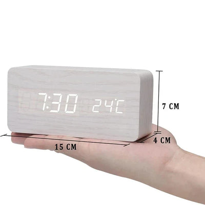 Réveil numérique en bois - Affichage LED, commande vocale, luminosité réglable