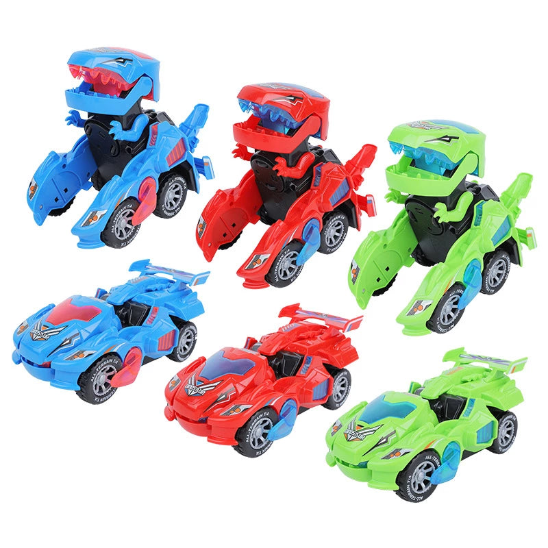 Jouets transformables dinosaures et voitures colorées, bleu, rouge, vert, pour enfants. Figurines robot dinosaures, voitures jouets amusantes.