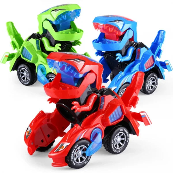 Trois voitures jouets transformables en dinosaures colorés, vert, bleu et rouge, avec roues et détails réalistes. Jouets enfants dinosaures.