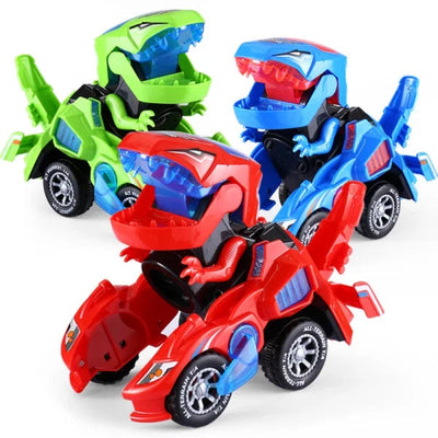 Trois voitures jouets transformables en dinosaures colorés, vert, bleu et rouge, avec roues et détails réalistes. Jouets enfants dinosaures.