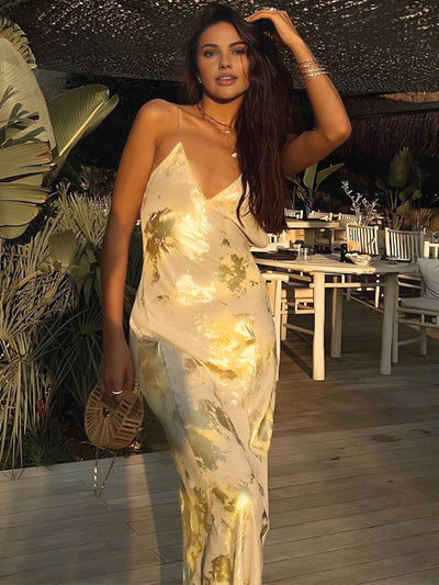 Jade - Robe longue dos nu à col en V à imprimé métallique