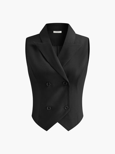 Gilet noir sans manches pour femme, style tailleur croisé, élégant et moderne, idéal pour tenues professionnelles ou soirées habillées.
