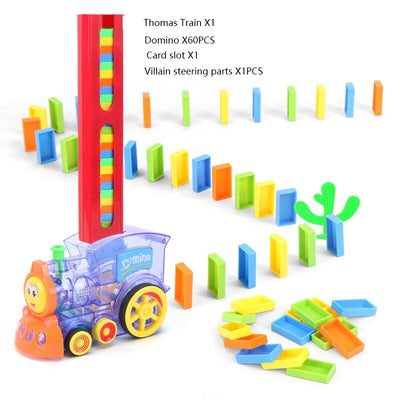 Jouet train domino coloré avec pièces multicolores, cactus en plastique, et instructions. Jeu éducatif pour enfants, développement motricité.