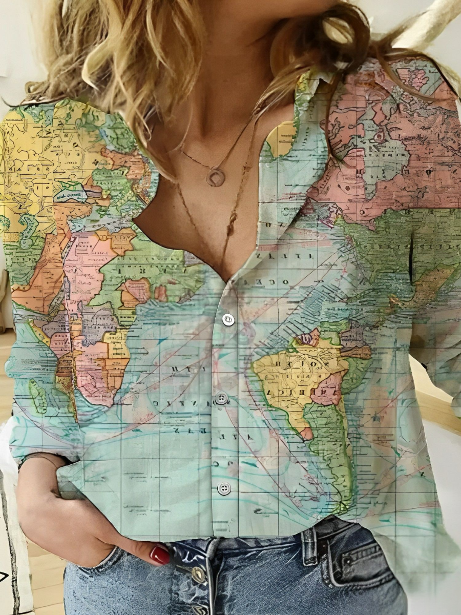 Janet- Globe Carte du monde Chemise imprimée