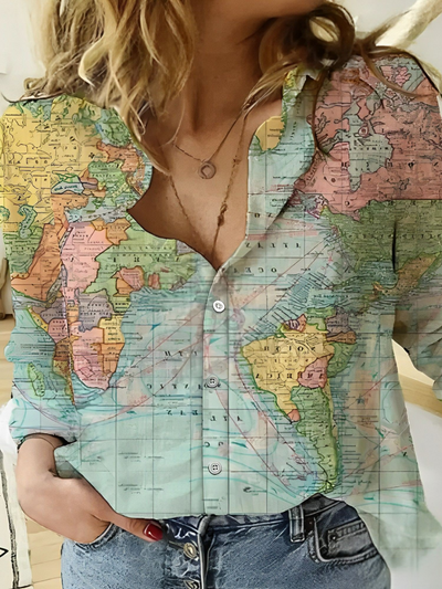 Janet- Globe Carte du monde Chemise imprimée