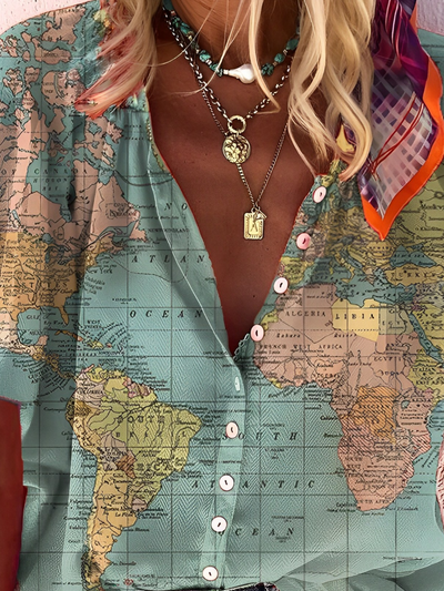 Janet- Globe Carte du monde Chemise imprimée