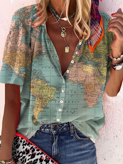Janet- Globe Carte du monde Chemise imprimée