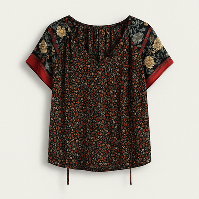 Black red Boho Blouse