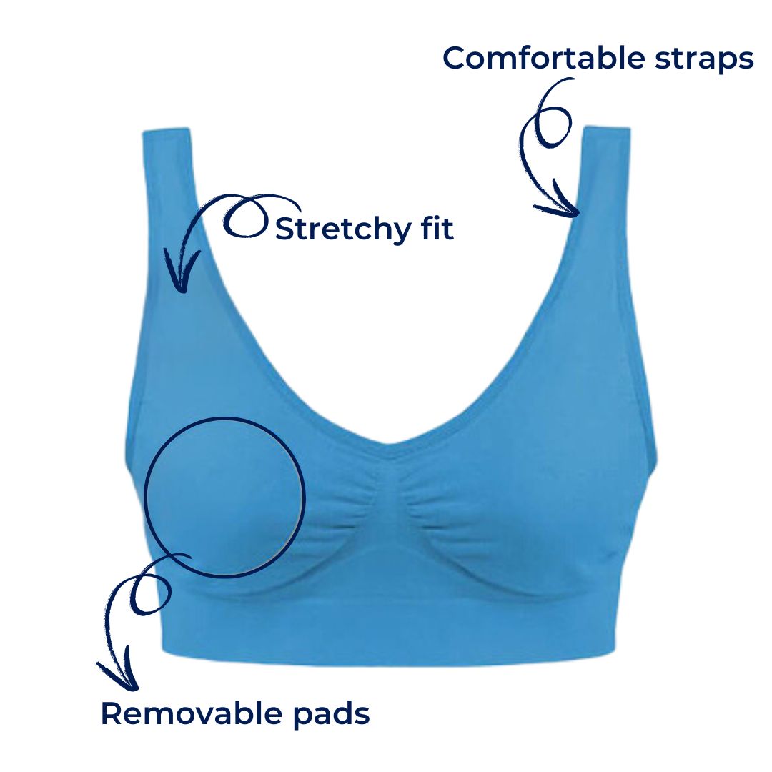 Soutien-gorge bleu sans couture avec bretelles confortables, ajustement extensible et coussinets amovibles. Lingerie féminine confortable.