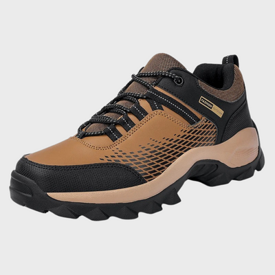 Chaussure de randonnée marron et noire pour homme, semelle antidérapante, lacets robustes, idéale pour trekking et activités extérieures.