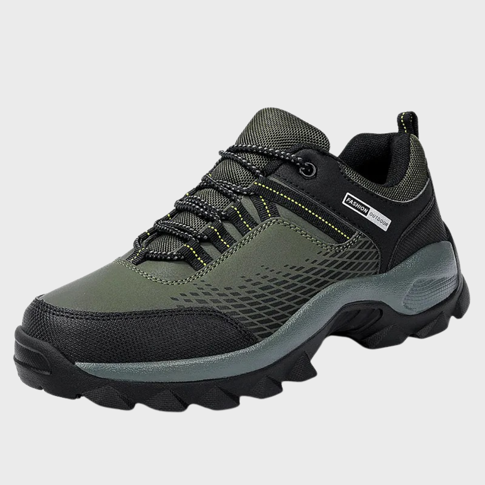 Chaussure de randonnée imperméable pour homme, vert et noir, semelle antidérapante, idéale pour trekking et activités extérieures.