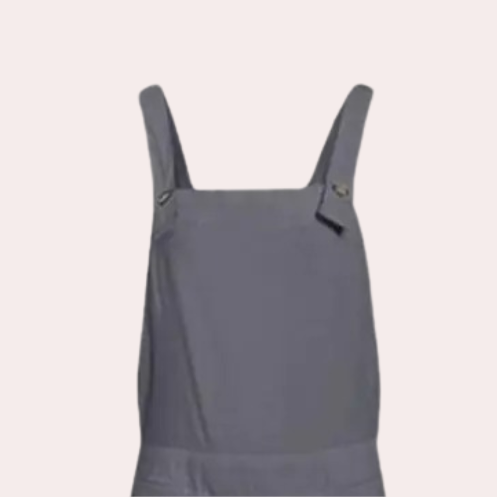 Salopette grise en coton, style décontracté, bretelles ajustables, idéale pour mode féminine, tenue quotidienne, confort et élégance.