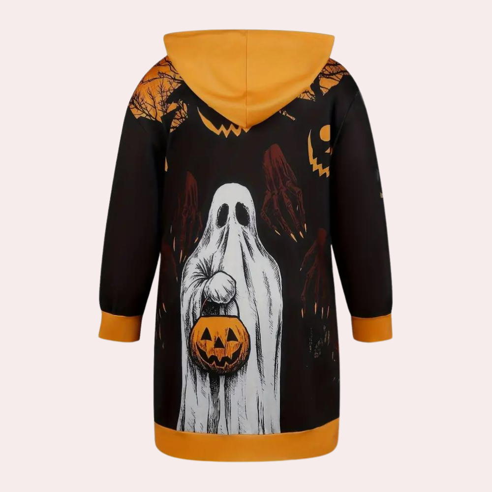 Halloween hooded dress with ghost and pumpkin printed pattern