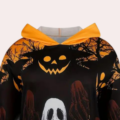 Halloween hooded dress with ghost and pumpkin printed pattern