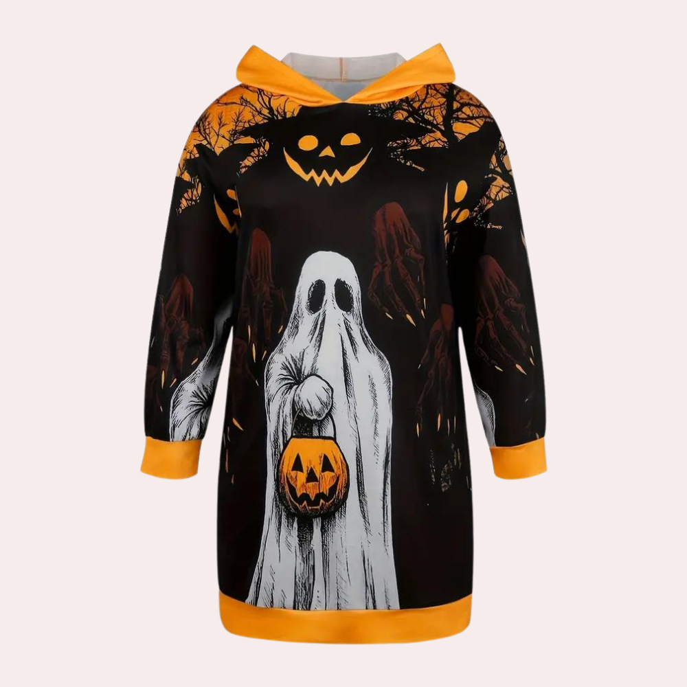 Halloween hooded dress with ghost and pumpkin printed pattern