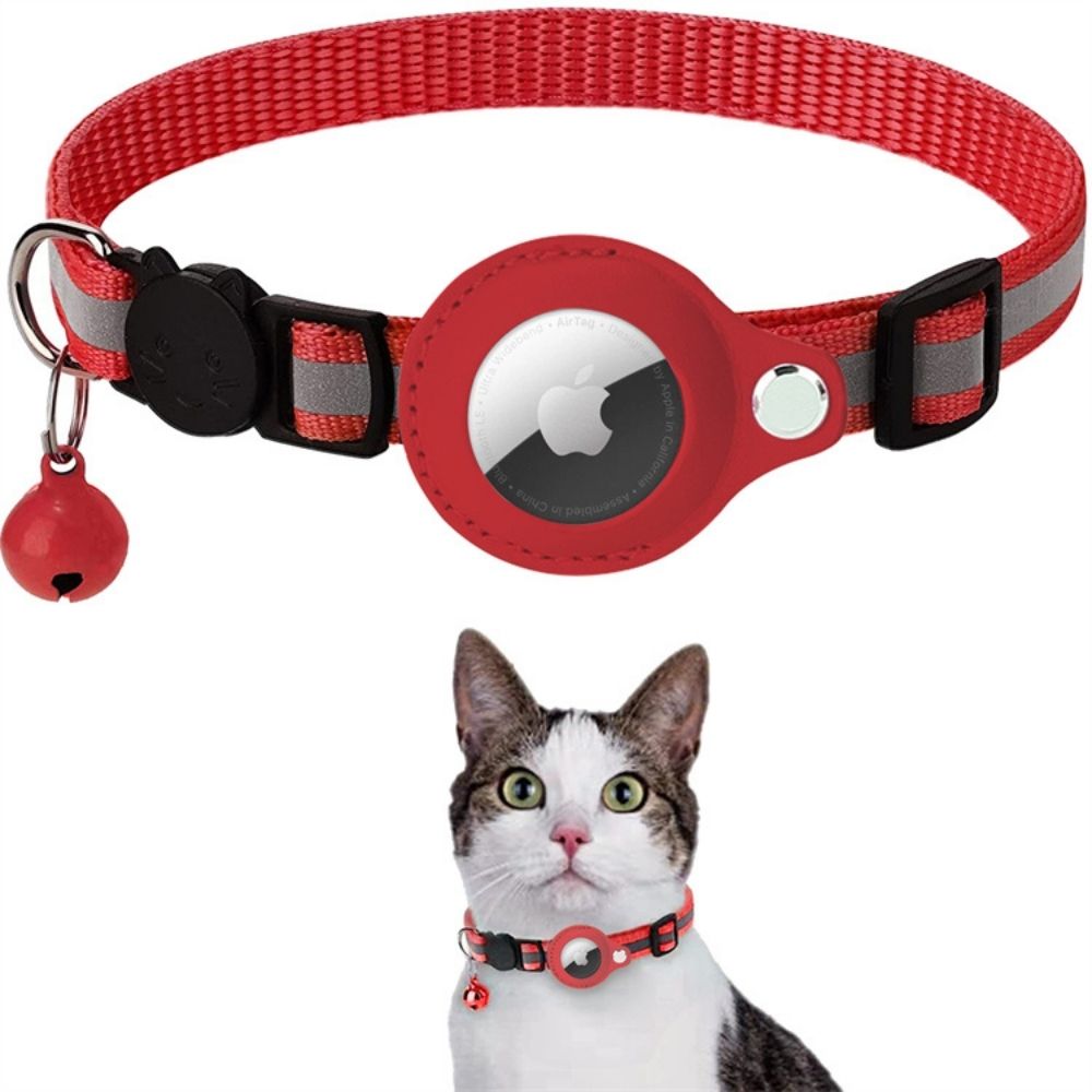 Collier rouge pour chat avec AirTag intégré, clochette et bande réfléchissante, idéal pour localiser votre animal de compagnie facilement et en sécurité.