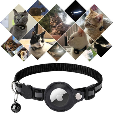 Collier pour chat avec support AirTag, noir, clochette incluse. Idéal pour suivre les animaux de compagnie. Photos de chats portant le collier en arrière-plan.
