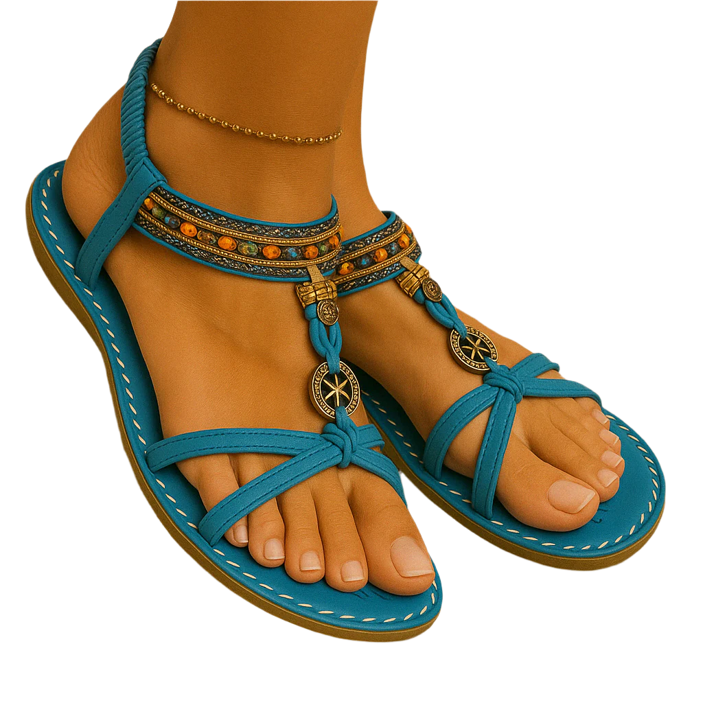 Sandales bleues bohèmes pour femme avec ornements dorés et perles, portées sur pieds bronzés, style estival chic et tendance.