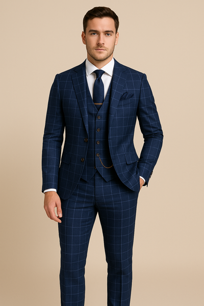 Costumes de luxe à carreaux bleu marine Slim Fit Notched