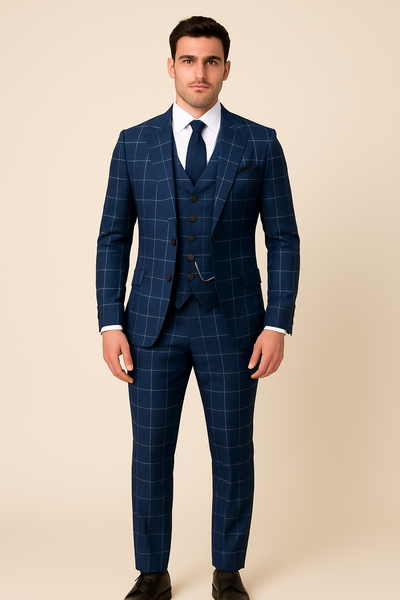 Costumes de luxe à carreaux bleu marine Slim Fit Notched
